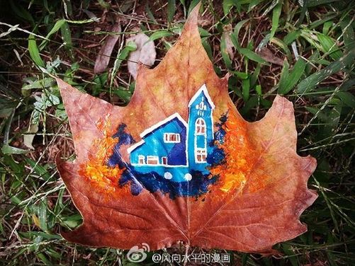 Paintings on fallen leaves showcase city beauty