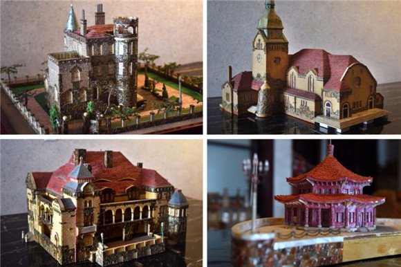 Shell-made miniature architectural models of coastal city Qingdao