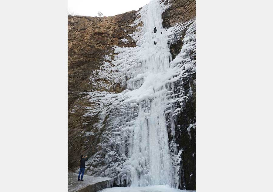 Scenery of icy waterfall in Shandong