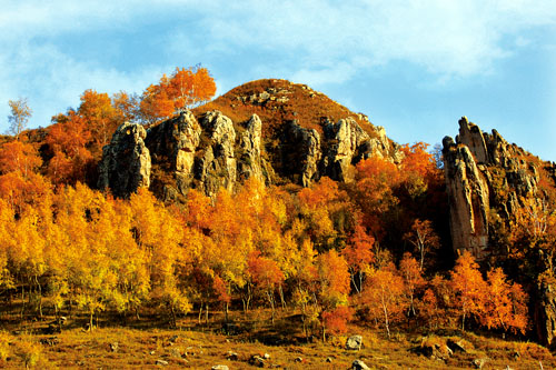 Stone art and colorful vegetation on a Shanxi mountain