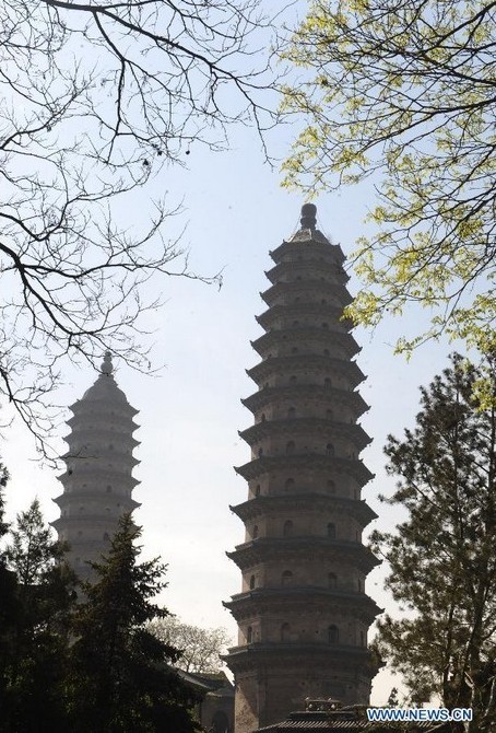 Twin pagodas at Yongzuo Temple in China's Taiyuan