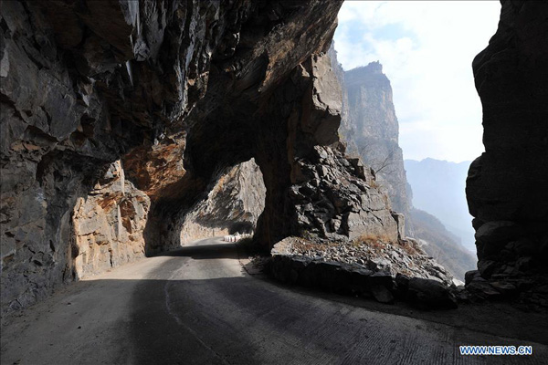 General view of road built on cliff of Taihang Mountains in N China