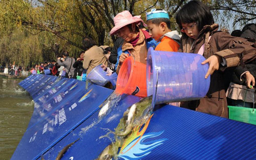 Fish freed into Dianchi Lake in Kunming