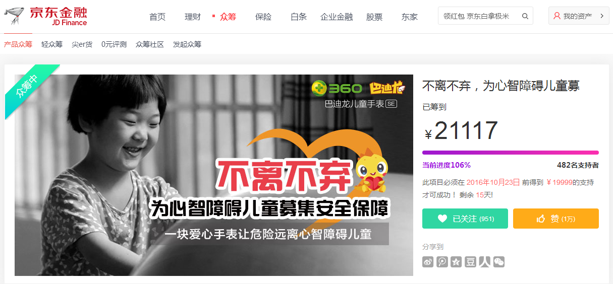 360巴迪龙儿童手表为心智儿童众筹爱心获成功