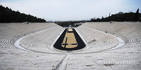 An overview of the Panathenaic Stadium in Athens, where the first modern Olympics were held in 1896, in this photo taken on March 20, 2008.The Olympic flame, which will be lit on March 24 in Olympia, Greece, will be handed over to the Beijing Olympic Committee on March 30 at a ceremony in the Panathenaic Stadium made of marble. [Asianewsphoto]