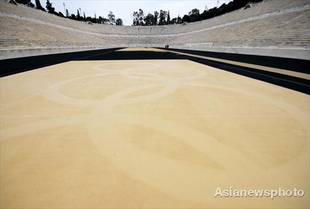 A view of the grounds of the Panathenaic Stadium in Athens, where the first modern Olympics were held in 1896, in this photo taken on March 20, 2008. The Olympic flame, which will be lit on March 24 in Olympia, Greece, will be handed over to the Beijing Olympic Committee on March 30 at a ceremony in the Panathenaic Stadium made of marble. [Asianewsphoto]