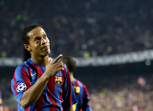 Barcelona's Ronaldinho celebrates 