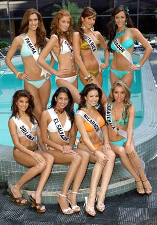 Miss Universe 2006 contestants (top L-R) Alessandra Mezquita, Miss Panama 2006; Elisabeth Reyes, Miss Spain 2006; Fabriella Quesada, Miss Costa Rica 2006; Katty Lopez, Miss Ecuador 2006; (bottom L-R) Jacqueline Fernandez, Miss Sri Lanka 2006; Rebecca Iraheta, Miss El Salvador 2006; Cristiana Frixione Mendoza, Miss Nicaragua 2006; and Jackelinne Piccinini, Miss Guatemala 2006, pose at a hotel in Los Angeles, California, July 8, 2006. The Miss Universe pageant will be telecast to a worldwide audience from Los Angeles July 23. [Reuters]
