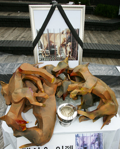 Models representing slaughtered dogs are laid on an altar during an art performance against eating dog meat in Seoul July 26, 2006. [Reuters]