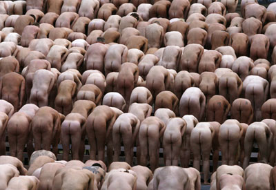 Naked volunteers pose for US photographer Spencer Tunick, creating a three-dimensional body sculpture, at the 'museum kunst palast' in Duesseldorf August 6, 2006. [Reuters]
