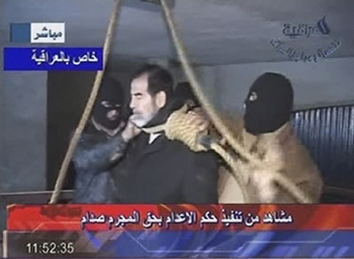 A frame grab from Iraqi state televison shows a noose being placed around former Iraqi president Saddam Hussein's neck December 30, 2006. Hussein was hanged for crimes against humanity at dawn on Saturday, a dramatic, violent end for a leader who ruled Iraq by fear for three decades before he was toppled by a U.S. invasion four years ago. 