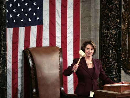 U.S. Speaker of the House Nancy Pelosi (D-Ca) wields the Speaker's gavel for the first time after being elected the first ever female Speaker of the U.S. House of Representatives on the first day of the 110th Congress in Washington, January 4, 2007.