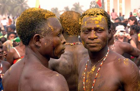 Voodoo practitioners attend the Voodoo Day celebrations in Ouidah January 10, 2007. Thousands of people from all over Benin gather in Ouidah, a former slave port on the Atlantic Ocean, 40 km (25 miles) from Cotonou, Benin's capital city, revered as the cradle of voodoo and offer prayers and sacrifices to their gods. About 60% of the country's 6.3 million people practice voodoo. Picture taken January 10, 2007.