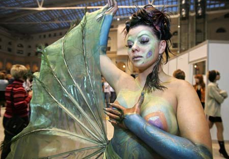 A model gets ready for the Tenth Moscow Championship of Hairdressers and Nail Art Designers in central Moscow, January 26, 2007. Over 300 artists are competing in the show, till the finals on Saturday. 