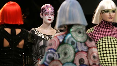 Models wear creations by Manish Arora during 2007 Autumn/Winter show during London Fashion Week February 12, 2007.