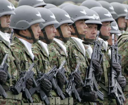 Japan's Ground Self Defence Force (JGSDF) soldiers line up during a ceremony to mark the launch of Central Readiness Force at JGSDF's Asaka Base in Asaka, north of Tokyo March 31, 2007. 