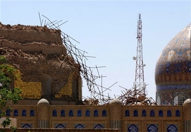 A base of a destroyed minaret of the Golden Dome Shiite shrine in Samarra is seen after insurgents blew up the two minarets Wednesday, June 13, 2007. The Askariya shrine's dome was destroyed on Feb. 22, 2006, in a bombing blamed on Sunni Muslim militants believed linked to al-Qaida that unleashed a wave of sectarian violence that continues to bloody Iraq.