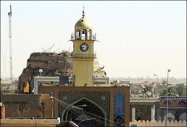 The destroyed Shiite Imam al-Askari shrine in the restive city of Samarra, north of Baghdad. The White House on Wednesday worriedly promised an all-out effort to prevent an attack on a Shiite shrine in Iraq from sparking a surge in sectarian violence that could doom US efforts there.(