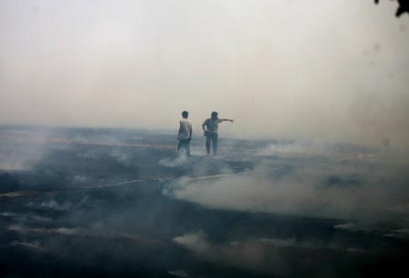 Chinese firemen try to extinguish a fire in a wheat field in Zhengzhou, Central China's Henan Province, June 12, 2007. A local official suspected that someone set fire on wheat straws near a road and the fire quickly spread to the field for the dry weather, Dahe Daily reported. The fire damaged the corn seedling in an area of 670,000 square meters and also shrouded nearby villages with heavy smoke.