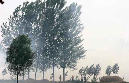 Smoke shrouds the sky after a fire in wheat field in Zhengzhou, Central China's Henan Province, June 12, 2007. A local official suspected that someone set fire on wheat straws near a road and the fire quickly spread to the field for the dry weather, Dahe Daily reported. The fire damaged the corn seedling in an area of 670,000 square meters and also shrouded nearby villages with heavy smoke.caption [newsphoto]