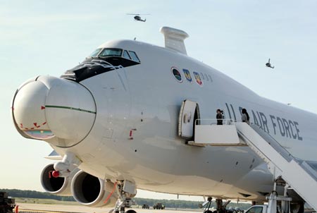 The U.S.A.F. Airborne Laser aircraft sits on the tarmac at Andrews Air Force Base outside Washington June 21, 2007. The modified 747 aircraft uses a high-energy Chemical Oxygen Iodine Laser to generate an energy beam to intercept and destroy a hostile ballistic missle during the boost phase of its trajectory. 