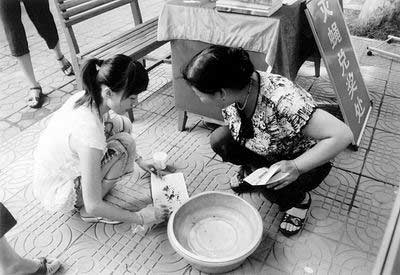 A worker (R) counts the flies killed by a resident at a community in Luoyang, Central China's Henan Province, July 9, 2007. Local authorities paid 0.5 yuan for each dead fly during a campaign to eradicate the flies and mosquitos. A regional official explained that it helped to enhance people's awareness by sensationalizing the fly-for-reward activity.