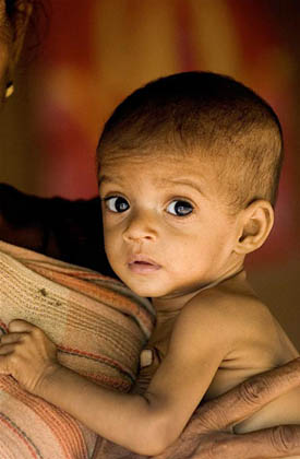 A tribal woman holds her grandson Rohit inside a hut in Mumbai July 25, 2007. The seven-month-old twins Rohini and her brother Rohit from a tribal family have been declared malnourished by a team of the city's civic administration doctors, local media reported. India, home to millions of underfed children despite its flourishing economy, will have eradicated malnutrition by 2015, the country's health minister said. A government survey released this year however found that 46 percent of children under the age of three years were undernourished.