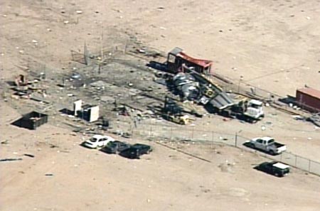 Television aerial footage shows the Mojave Air and Space Port after an explosion in Mojave, California, July 26, 2007. Two people were killed and four others critically injured on Thursday in an explosion while testing a rocket motor at the California rocket-testing facilities operated by famed commercial spaceflight pioneer Burt Rutan, authorities said. [Reuters]