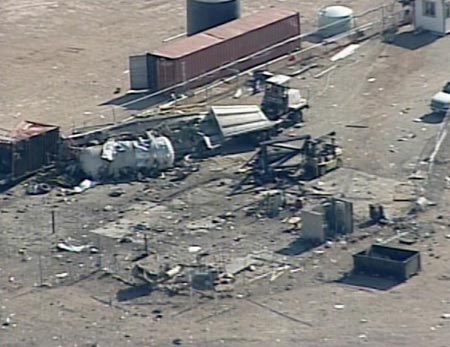 Television aerial footage shows the Mojave Air and Space Port after an explosion in Mojave, California, July 26, 2007. Two people were killed and four others critically injured on Thursday in an explosion while testing a rocket motor at the California rocket-testing facilities operated by famed commercial spaceflight pioneer Burt Rutan, authorities said. [Reuters]