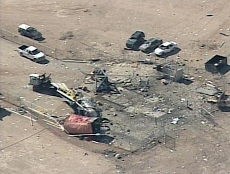 Television aerial footage shows the Mojave Air and Space Port after an explosion in Mojave, California, July 26, 2007. Two people were killed and four others critically injured on Thursday in an explosion while testing a rocket motor at the California rocket-testing facilities operated by famed commercial spaceflight pioneer Burt Rutan, authorities said. [Reuters]