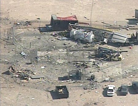 Television aerial footage shows the Mojave Air and Space Port after an explosion in Mojave, California, July 26, 2007. Two people were killed and four others critically injured on Thursday in an explosion while testing a rocket motor at the California rocket-testing facilities operated by famed commercial spaceflight pioneer Burt Rutan, authorities said. [Reuters]