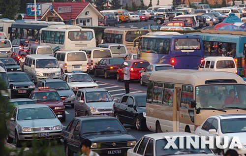 Bustling beach in Dalian causes traffic jam