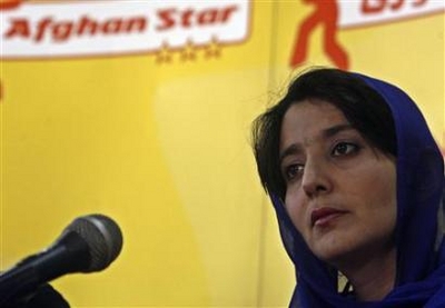 Lima Sahar, the first woman to reach the final stage of Afghan Star, Afghanistan's answer to American Idol, talks during a news conference in Kabul March 11, 2008. [Agencies]