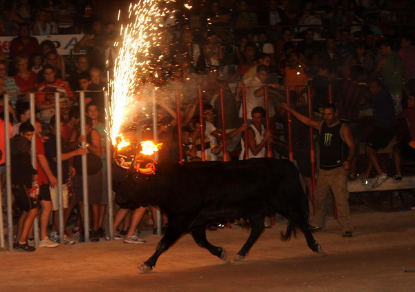 Flaming bulls light up the night in Spain