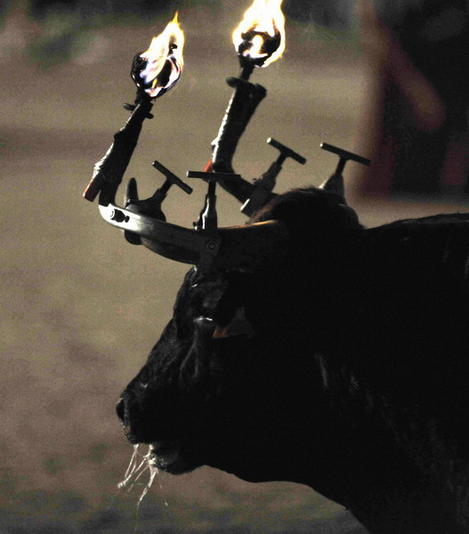 Flaming bulls light up the night in Spain