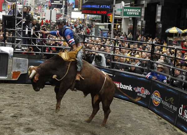 Bull riding competition in New York's Times Square