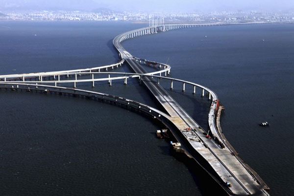 Bridge reaches across the sea off Qingdao