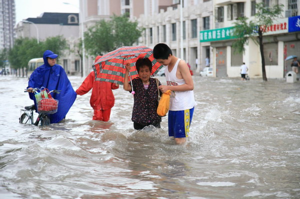 Communities flooded by rainwater in Tianjin