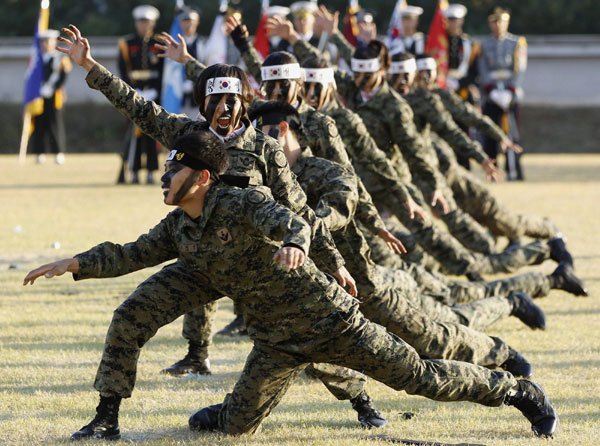 South Korean soldiers perform at defense exhibition