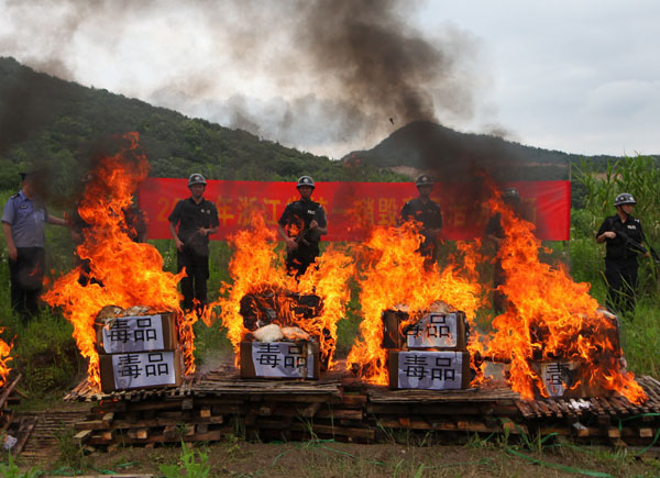 Police in E China seize and destroy drugs