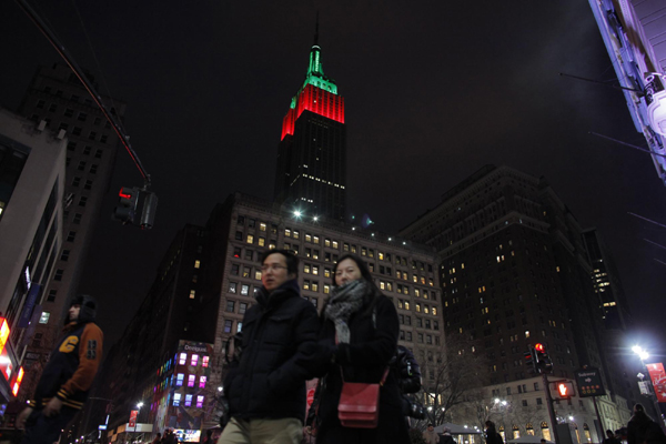 Empire State Building lit up in red and green