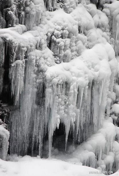 Scenery of frozen waterfall in Lushan Mountain