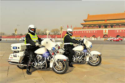 Beijing police patrol on Harley motorcycles