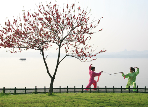 People and birds in the West Lake