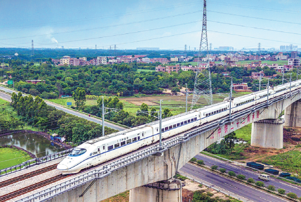 High-speed train glides along the tracks of the Jiangmen-Zhanjiang Railway