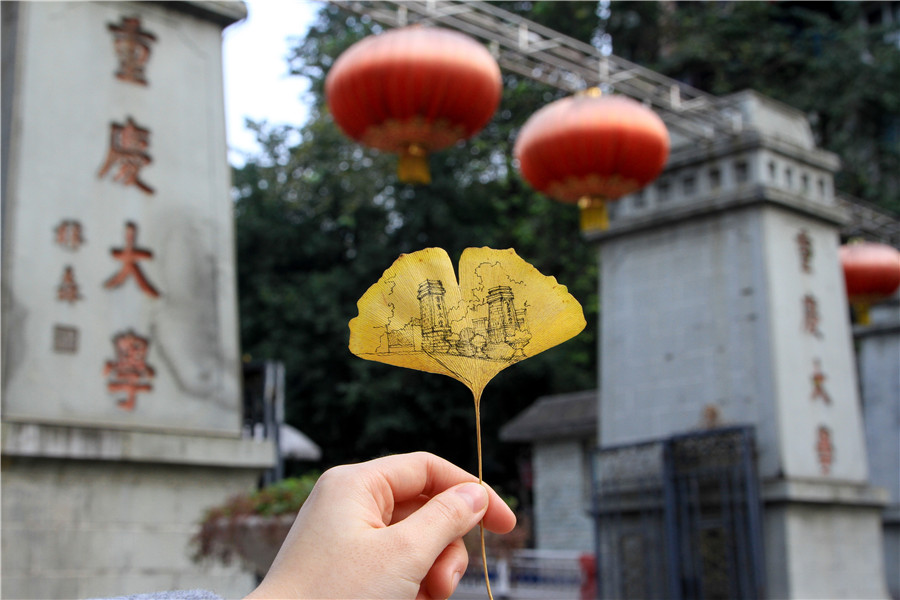 Students make artwork with leaves