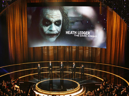 The late Heath Ledger's picture is displayed after he wins the Oscar for best supporting actor