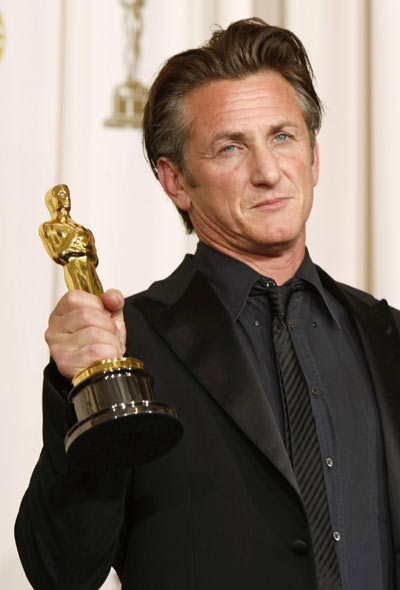 Sean Penn poses with his best actor Oscar at the Academy Awards in Hollywood