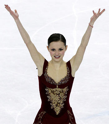 Sasha Cohen of the United States finishes the women's free program during the Figure Skating competition at the Torino 2006 Winter Olympic Games in Turin, Italy, February 23, 2006. 