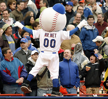 Opening day fans react as "Mr Met", the New York Mets mascot, dances on the dugout roof during the seventh inning of the Mets game with the Washington Nationals in New York April 3, 2006. The Mets won 3-2. [Reuters]